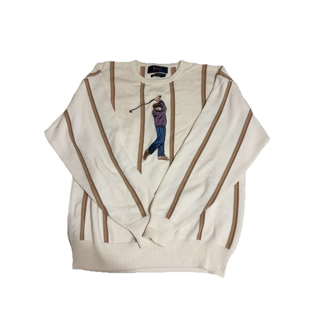 Vintage Pringle Golf Sweater XL Embroidered Golfer Cream Striped Cotton